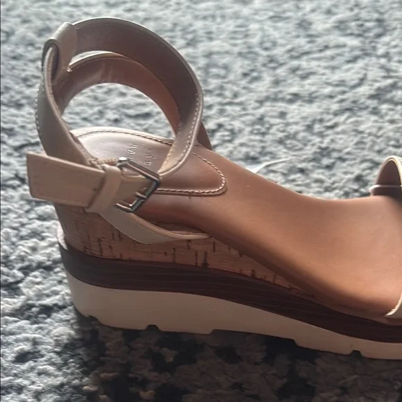 Cream and Brown Wedge Sandals with Cork Heel - Picture 9 of 10